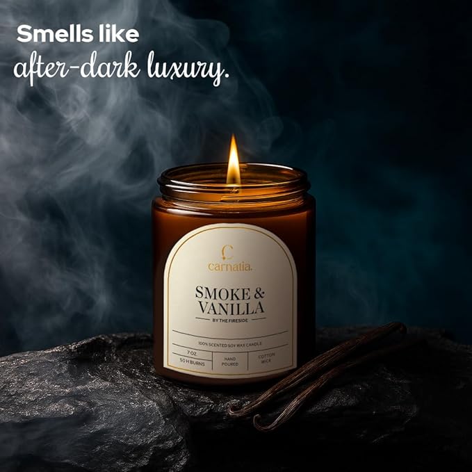 Carnatia Smoke & Vanilla Scented Candle – 7 oz | 100% Soy Wax with Cotton Wick | 50 Hour Burn | Aromatherapy Candle for Home, Cozy Mood & Relaxation | Gift for Women & Men