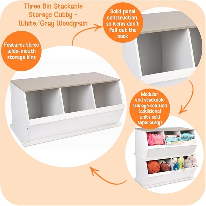 Badger Basket 3-Bin Stackable Toy Storage Cubby Organizer, Modular Space-Saving Storage for Toys, Blankets, Crafts, Playroom, Bedroom, or Living Room – White & Light Gray