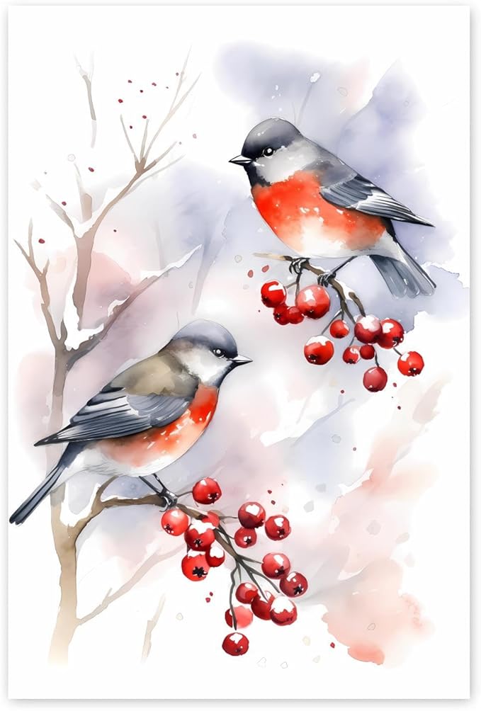 GUAIEUW Red Fruit Red Bird Diamond Painting Kit for Adults, Full Round Diamond Cardinal Bird 5D Diamond Painting DIY Art Crafts for Winter Home Wall Decor Holiday Gift 16x24 Inch