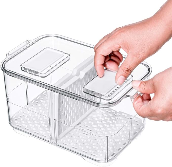Slideep 9'' Food Storage Containers, 2 Tier Stackable Fridge Produce Saver with Lids, Removable Drain Tray Drawers Refrigerator Produce Keeper with Strainer for Veggie, Berry, Fruits, Vegetables