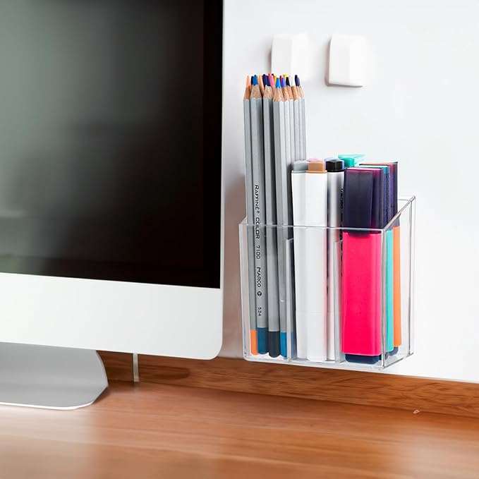 Wall Mounted Storage Organizer Bins Organizing Shelf Basket Clear Plastic Makeup Organizer Adhesive Hanging Bin Fridge Organizer for Bathroom,Kitchen,Cabinet,Pantry,Countertops (3.7×2.6×3.9")