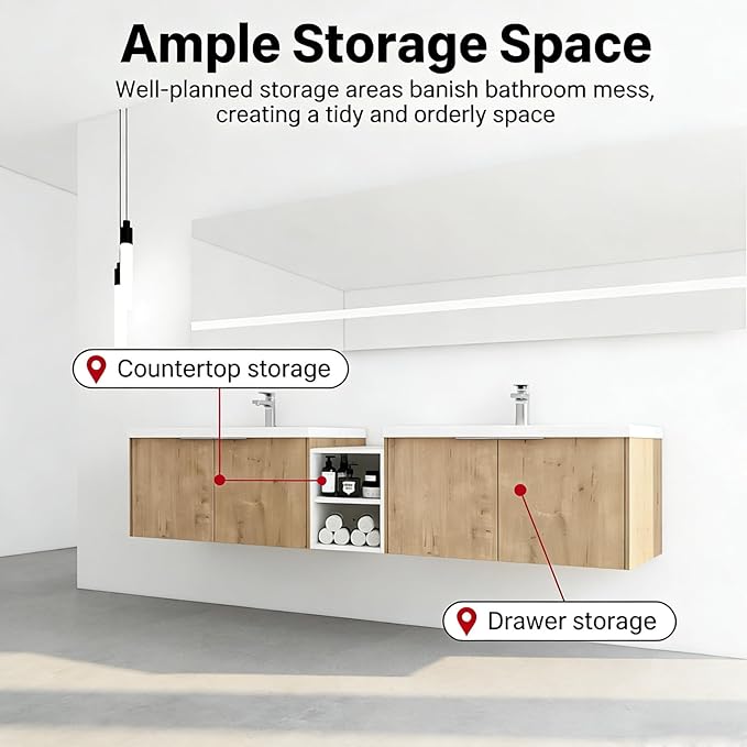 92IN Bathroom Vanity with Double Sink, Modern Solid Wood Floating Bathroom Sink Cabinet, Anti-Fog Mirror, Smart Storage Solutions, Waterproof Design, Open Shelving for Easy Access