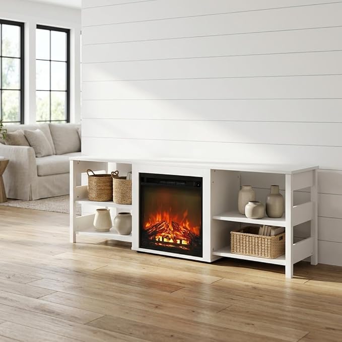 Furnifact White Emboss 70 Inch TV Stand with Fireplace, Wooden Construction, Modern Design, Ample Storage Space, and Easy Assembly