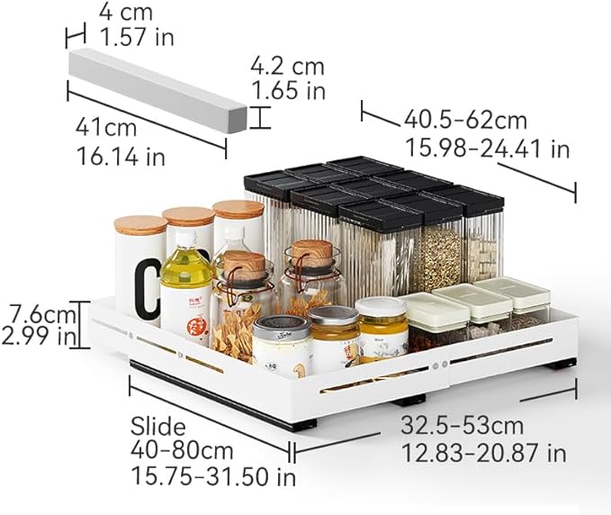 Pull Out Cabinet Organizer With Raising Pad for Framed Cabinets,Adjustable Depth(15.7"-24.4") And Width(12.8"-20.5"),Slide Out Drawers,No Drill Design,Heavy Duty Storing,White
