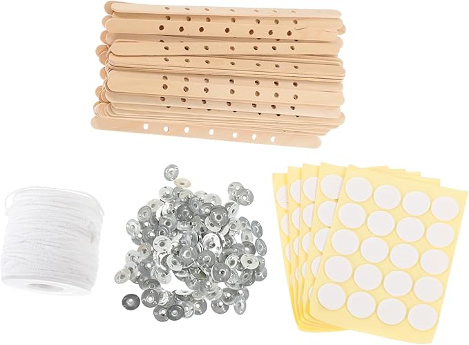 VILLCASE 1set Candle Making Kit Wicks Centering Devices and Stickers for DIY Candle Creation Wooden Wick Holders for Stable Burning and Easy Labeling