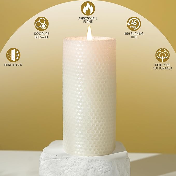 8 Packs Beeswax Pillar Candles - 360 Hours Long Burning, Handmade Handcrafted Honeycomb Bees Wax Candle for Home, Prayer, Unscented Pillar Candle (2.8x6 in)
