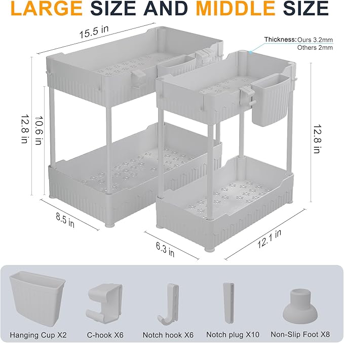 2 Pack Under Sink Organizer, Under Bathroom Cabinet Organizer with Hooks Hanging Cup, Multi-Purpose Storage Shelf for Kitchen Bathroom (Gray, 12.8 Inch)
