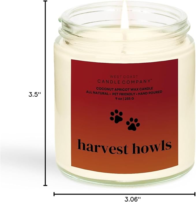 Harvest Howls | Pet Friendly Candle | Soy-Free Coconut Apricot Wax | Clean Burning | Non-Toxic | Veterinarian Approved | Pet Odor Eliminator | Air Freshening Scented Candle | 9 oz