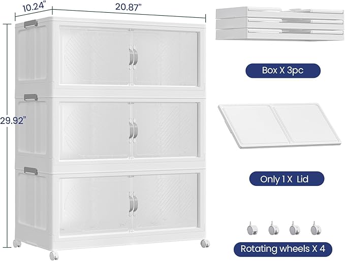 45GAL Plastic Storage Bins with Lid, 180QT Extra Large Stackable Closet Organizers and Storage, Collapsible Storage Boxes with Wheels, Folding Cabinet for Home Kitchen Office, 3Pack White