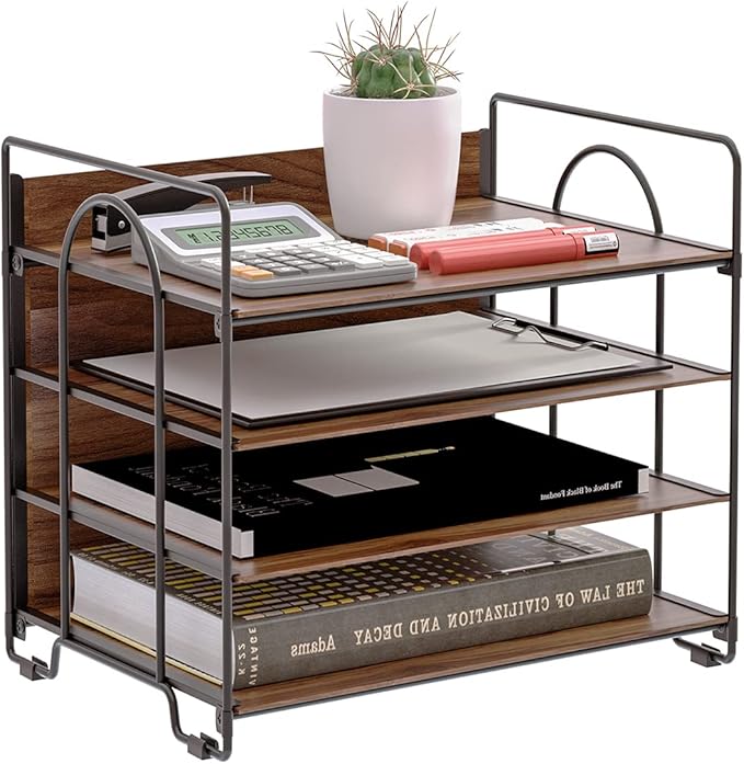 LUCYCAZ 4 Tier Paper Organizer for Desk - Wood Desk Organizer, Metal Paper Tray Organizer, File Organizer for Office Home School, Black
