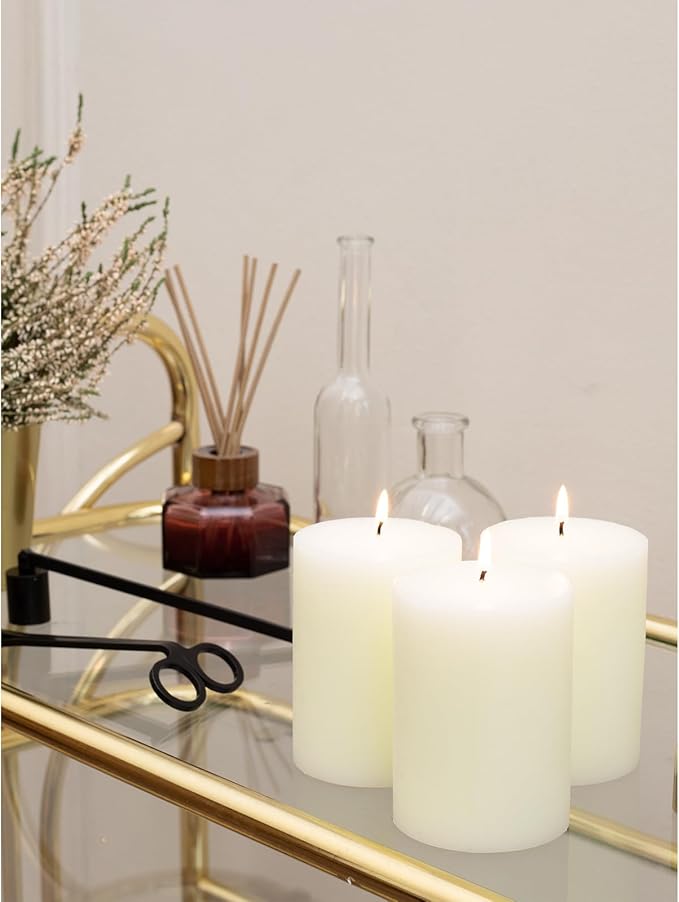 CANDWAX 3x4 inch Pillar Candles Set of 3 – Unscented Dripless Rustic Ivory Candles for Home Decor, Weddings, Table Settings