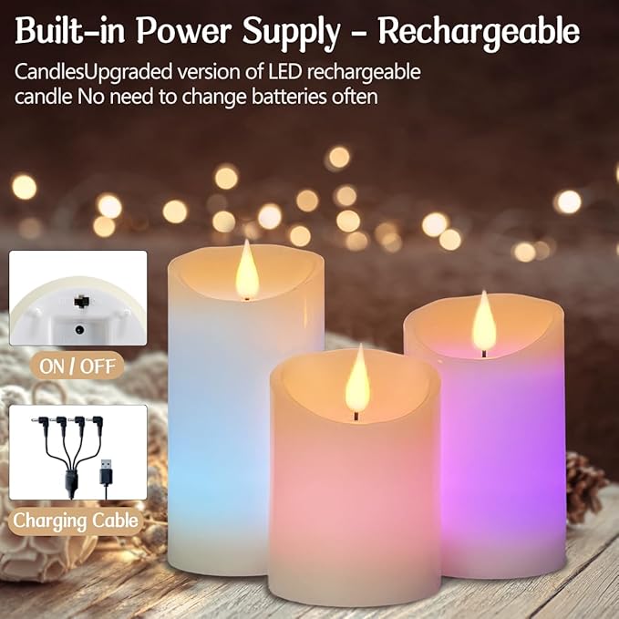 Flameless Candle RGB Set, Flickering LED Pillar Real Wax Candle with Remote Control and Timer, Upgraded Blue Flame Heart, Built-in Battery Rechargeable Flameless Candle, 1 Set of 3