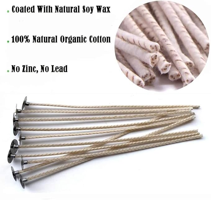 ECO6 100pcs Pre-Waxed Wicks for Soy Candles, 8 inch Thick Wick with Base