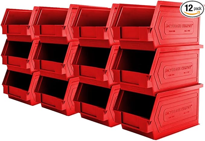 Plastic Storage Bins, Hanging, Stackable, Storage Organizer Bin for Warehouses, Workshops 9-Inch x 5-Inch x 5-Inch, Red, 12-Pack