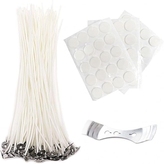 EricX Light 8 inch Candle Wick with Candle Wick Stickers and Candle Wick Centering Device,60 pcs for Candle Making