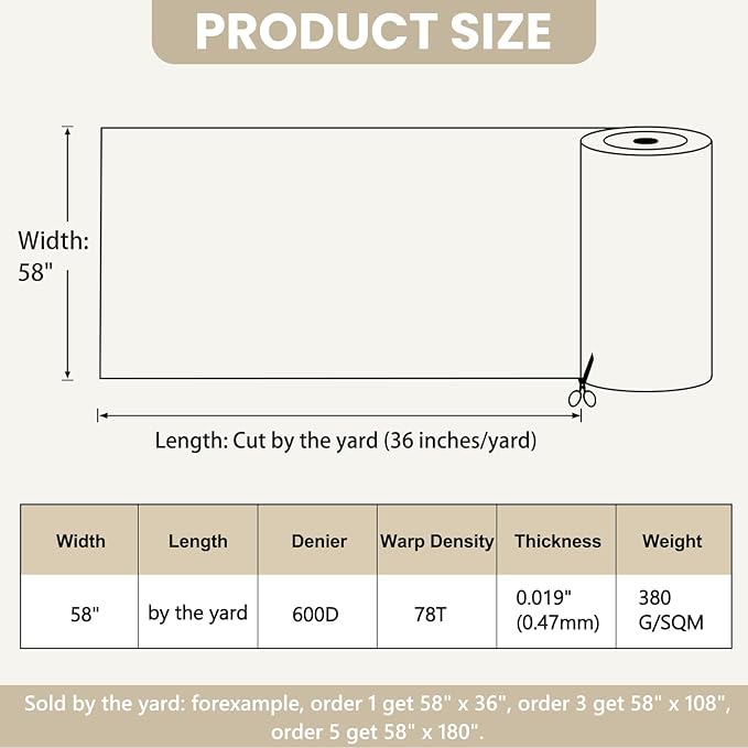 Waterproof Marine Canvas Fabric by The Yard 58" W 600D PVC Backing Water-Resistant Polyester Fabric Upholstery Material for Outdoor Indoor Marine Awning Tent Boat Furniture Cover DIY, 15 Yards Khaki