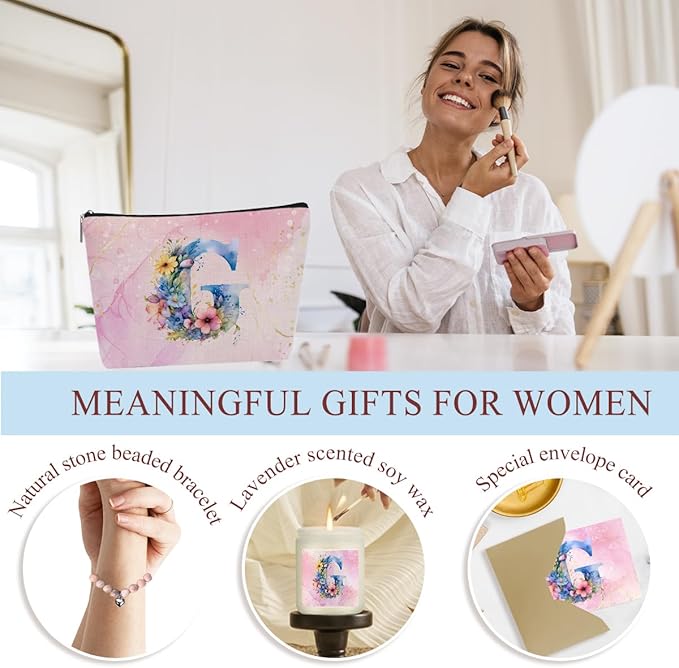 Personalized Gifts Monogrammed Birthday Gifts for Women, Her Employee Housewarming Christmas Initial Wine Tumbler Makeup Bag Scented Candle Bracelet Set, (Aesthetic Pink Flower G)