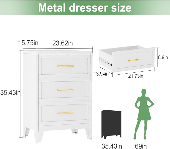 Ckzbx Metal Dresser Narrow Dresser for Bedroom Chest, 35.43" H Drawer Chest, Closet Dressers & Chests of Drawers for Living Room, Hallway (3 Drawers White 24inch Wide)