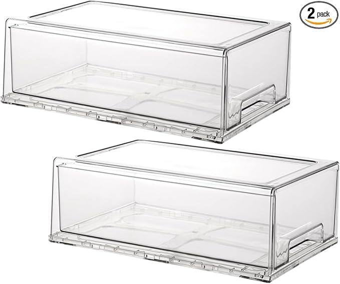 Stackable storage drawers, clear pull-out organizer with handles and non-slip pads for kitchen, refrigerator,office desktop, pantry and shelves, perfect for organization and storage (2 Pack, Medium)