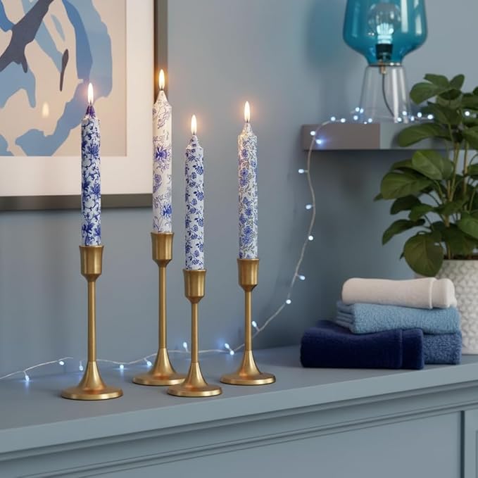 Flowers Printed Candle Taper Candles 9 inch - 4 Pack Blue and White Porcelain Candle Dripless, Smokeless, Unscented Tall Candlesticks - Perfect for Home Decor, Weddings, and Special Occasions