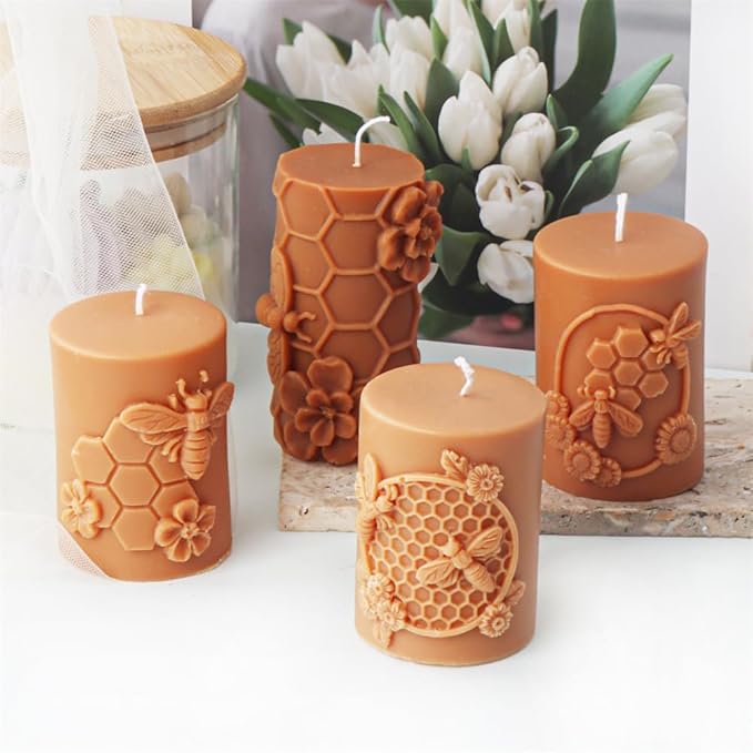 Bee Honeycomb Flower Cylinder Candle Mold, Honeybee Beehive Pillar Silicone Mold for Beeswax Candle, Soy Wax Candle, Plaster Ornament, DIY Crafts (E)