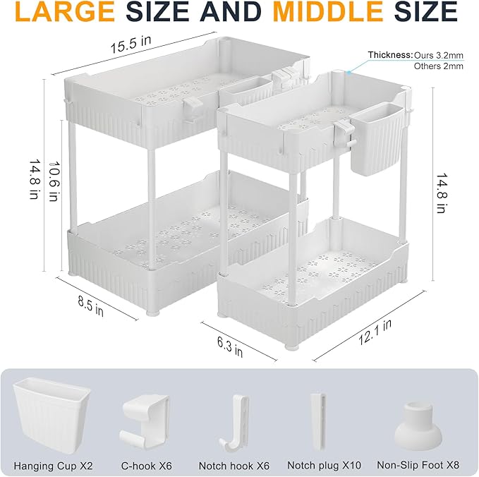 2 Pack Under Sink Organizer, Under Bathroom Cabinet Organizer with Hooks Hanging Cup, Multi-Purpose Storage Shelf for Kitchen Bathroom (White, 14.8 Inch)