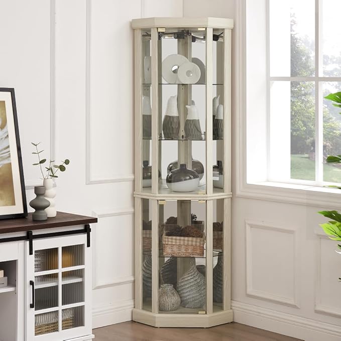 Corner Lighted Glass Curio Cabinet for Living Room Space Saving Vertical Tall Display Case with Light for Antique Wine Bar Glass Storage (Antique White)
