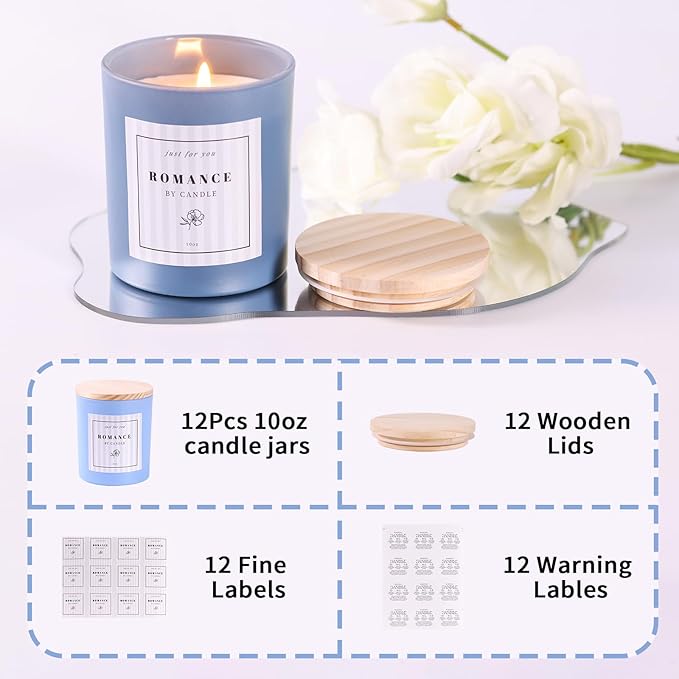 REISEN 12Pcs Assorted Blue Candle Jars, 10oz Glass Candle Containers for DIY Gifts and Storage, Frosted Blue Glass Jars with Bamboo Lids and Labels