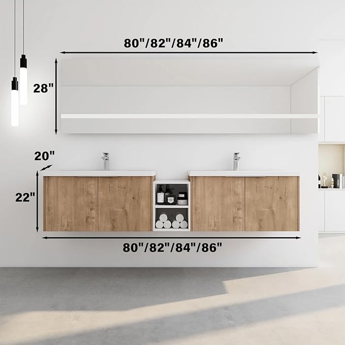 82IN Bathroom Vanity with Double Sink, Modern Solid Wood Floating Bathroom Sink Cabinet, Anti-Fog Mirror, Smart Storage Solutions, Waterproof Design, Open Shelving for Easy Access