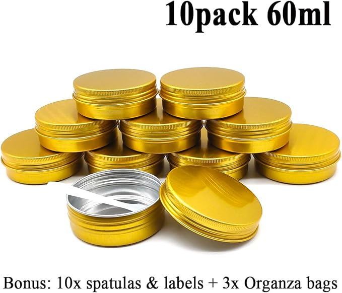 10pcs 60ml Round Lip Balm Tin Cans, 60 Gram Aluminum Tins Gold Cosmetic Sample Containers with Screw Lid, 60g Metal Empty Storage Travel Jars for Salves, Lip Balms, Face Cream, Candle, Tea