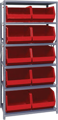 Quantum Storage Systems QSBU-270RD Giant Open Hopper Steel Shelving System, 18" D x 36" W x 75" H, with 6 Shelves and 10 QUS270 Bins, Red