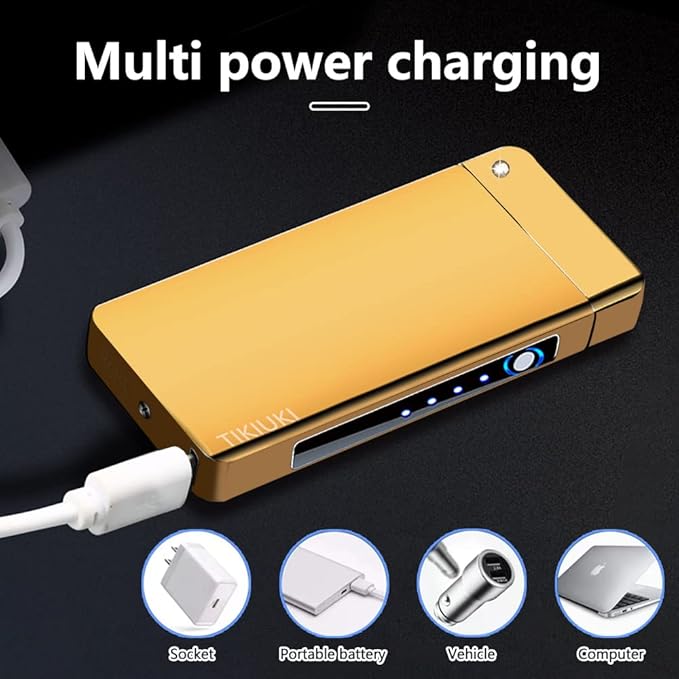 Electric Lighter Rechargeable, Windproof Arc Lighter USB Plasma Lighters with Visual Battery, Cool Vintage Lighters Custom Design, Zinc Alloy Body for Outdoor Camping Candle Gift（Gold）
