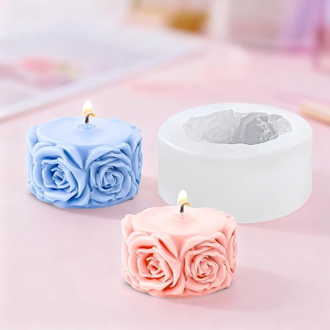Rose Flower Column Candle Molds Flower Shape Silicone Candle Molds Cylinder Resin Casting Mold Silicone Flowers Rose Mold for Candles Making DIY Polymer Clay Craft Plaste Valentine Mother Day