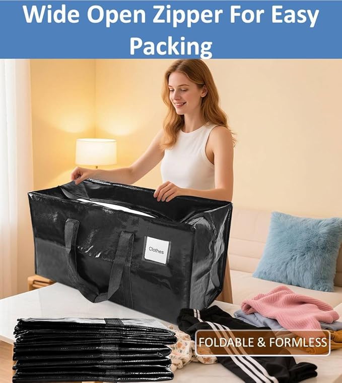 6 Pack Extra Large Moving Bags with Reinforced Handles, Heavy-Duty Storage Tote for Dorm Room Essentials with Strong Zipper,Packing Moving Boxes for College Supplies,Black