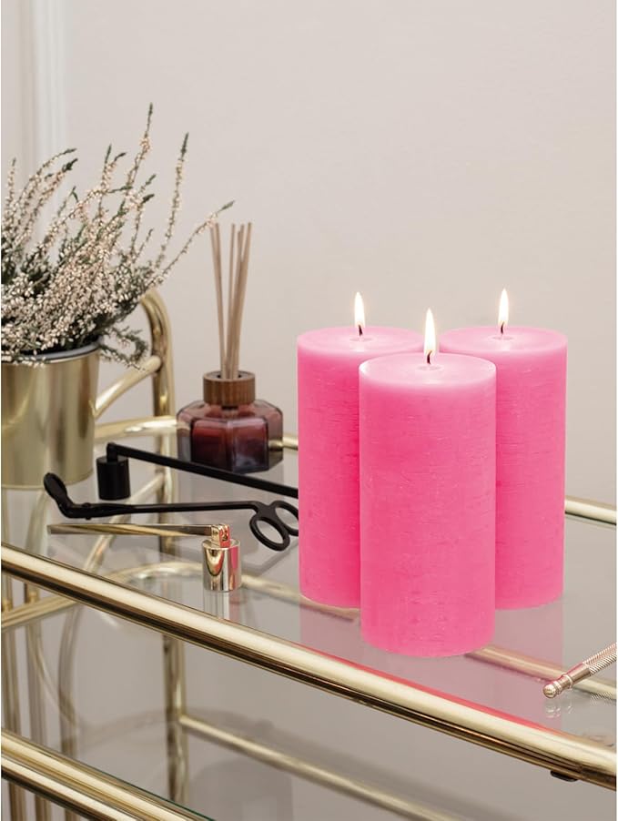 CANDWAX Large Pillar Candles 3x6 Inch – Set of 3 Unscented Candles Hot Pink Candles, Rustic Style for Valentines, Weddings, Home Interior