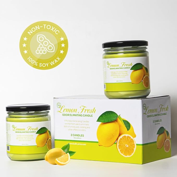 Candle Set Odor Eliminating – 2 Pack - 12oz – Long-Lasting Soy Wax Candles – Neutralizes Pet, Kitchen & Smoke Odors – Clean Burn, Eco-Friendly, Aromatherapy Candle (Lemon Fresh)