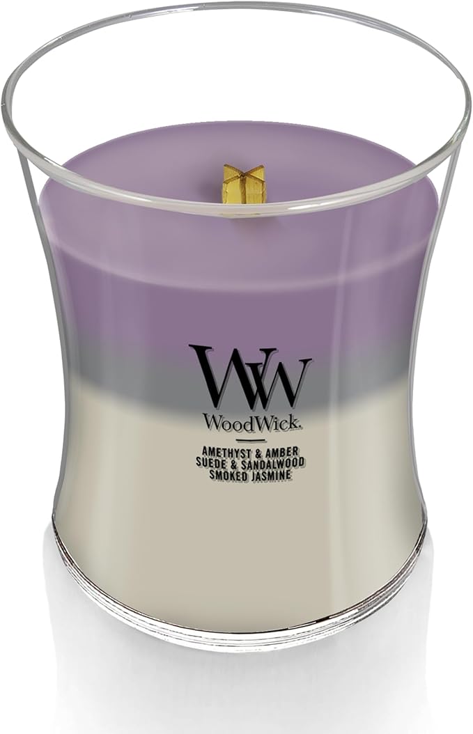 WoodWick Amethyst & Amber Gifts for Women and Men, 9.7 oz Medium Hourglass Trilogy Candle with Crackling Wick