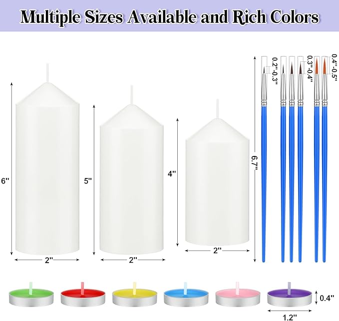 MTLEE 72 Pcs DIY Candle Painting Kit Include 6 Pcs 2"x 4" White Pillar Candles 60 Colored Tealight Candles and 6 Paint Brushes for Birthday Wedding Tea Party Crafts Centerpieces