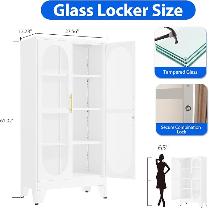 Ckzbx Glass Locker Metal Cabinets 61" H Locking Tool File Cabinets Snack Locker Organizer for School Classroom,Bedroom,Gym Home Office,Entryway and Hallwa (White)