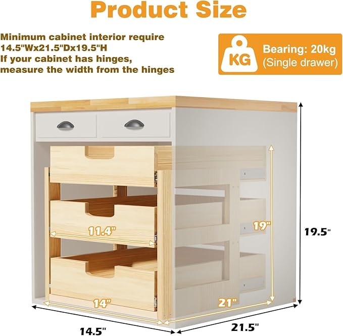 Pull Out Cabinet Organizer, 14''W×21''D Sliding Drawers for Cabinets, 3 Tier Soft Close Slide Out Wooden Pull out Drawers, Base Cabinet Organization for Kitchen, Pantry, Bathroom.