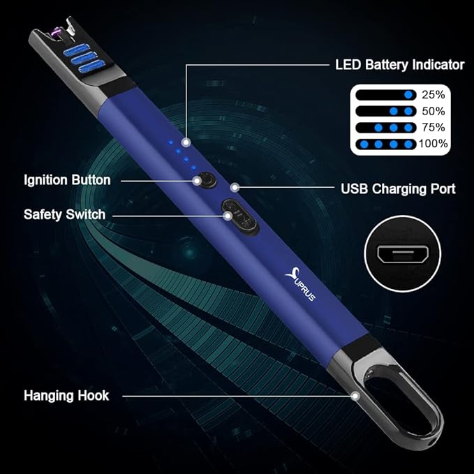 SUPRUS Candle Lighter Electric Arc Lighter Windproof Flameless USB Rechargeable Lighter with LED Light for Candle Camping BBQ Cooking (Blue)