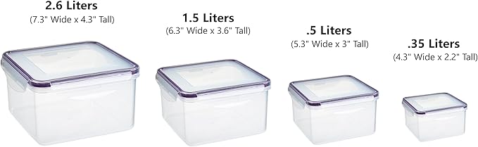 Set of 4 Square Nesting Food Storage Containers - Reusable, BPA Free Plastic, Snap Lock Lids With a Leakproof Silicone Seal. Great for Snacks, Soup, Fruit, Salad and Food Storage…