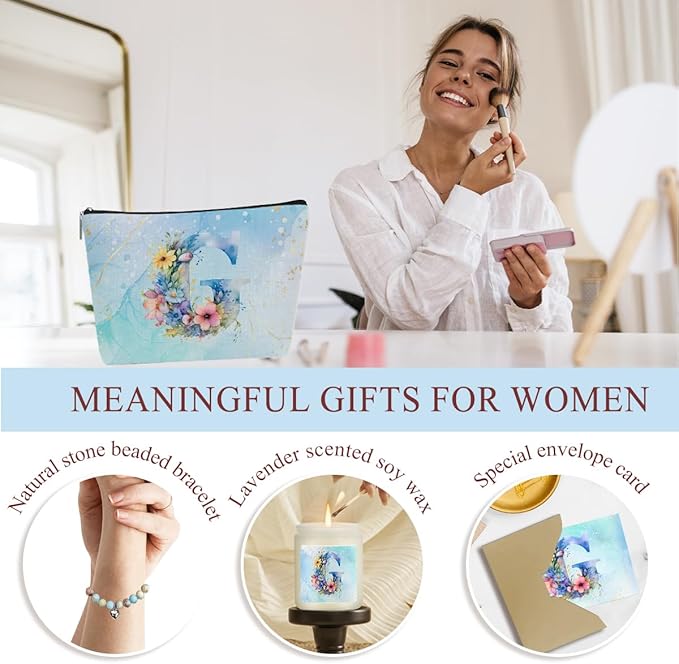 Personalized Gifts Monogrammed Birthday Gifts for Women, Her Employee Housewarming Christmas Initial Wine Tumbler Makeup Bag Scented Candle Bracelet Set, (Aesthetic Blue Flower G)