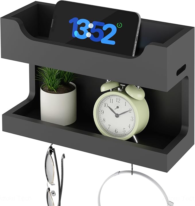 NiHome Wall Mounted Wooden Bedside Accessories Organizer, Double Tray Bedside Storage Shelf Rack with Magnetic Hooks, Bedroom Dorm RV Wall Caddy Holder for Phone Glasses Alarm Clock Remote (Black)