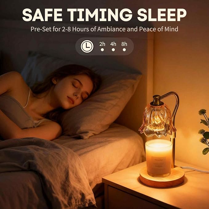 Candle Warmer Lamp with Timer and Dimmer, Adjustable Height Candle Warmer with 2 Bulbs for Living Room Bedroom Home Room Decor, Gift for Women, Wooden Base