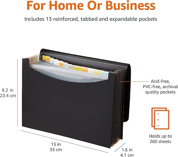 Amazon Basics Expanding Accordion File Organizer, Letter Size, 13 Compartments, Large Capacity Document Storage, Waterproof, Black, 1-Pack