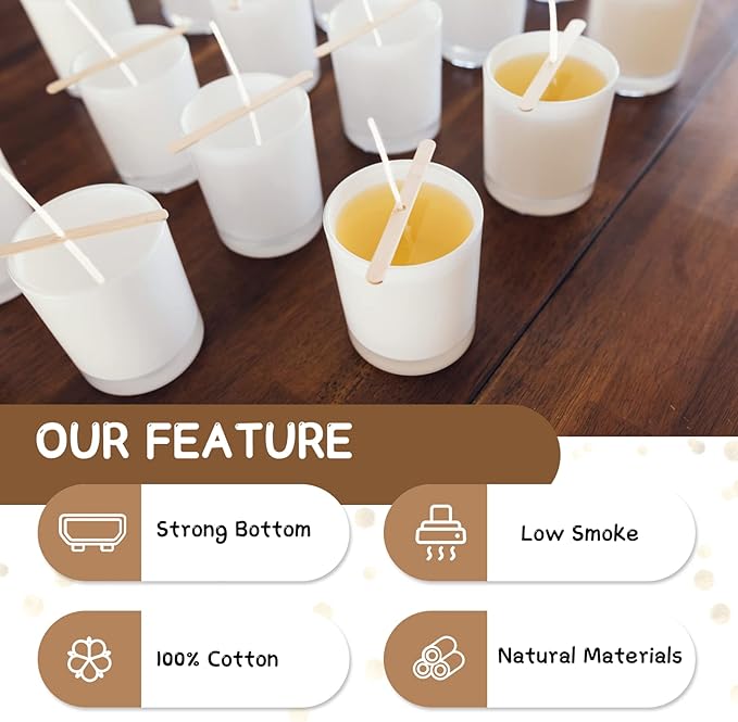JEAWIWI 100 Pcs Cotton Candle Wicks (10 Inches) with 100 Pcs Wick Stickers and 10 Pcs Wooden Candle Wick Holders, Candle Wicks for Soy Wax, Beeswax, Coconut Wax