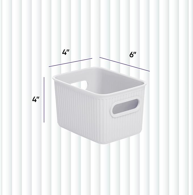 Superio Ribbed Collection - Decorative Plastic Basket Open Home Storage Bins Organizer, Small White (4 Pack) Container Boxes for Organizing Closet Storage Bins for Shelves Drawer Shelf 1.5 Liter