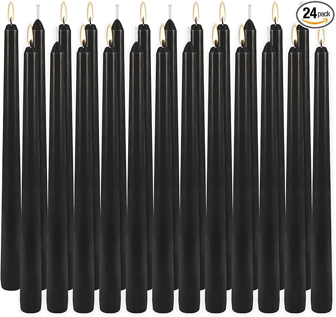 24Pack 10inch Black Taper Candle-Unscented and Smokeless-8hours Long Burning time,Dripless,Ideal for Halloween Taper Candles, Weddings, Dinner,Parties