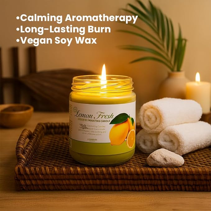 Candle Set Odor Eliminating – 2 Pack - 12oz – Long-Lasting Soy Wax Candles – Neutralizes Pet, Kitchen & Smoke Odors – Clean Burn, Eco-Friendly, Aromatherapy Candle (Lemon Fresh)